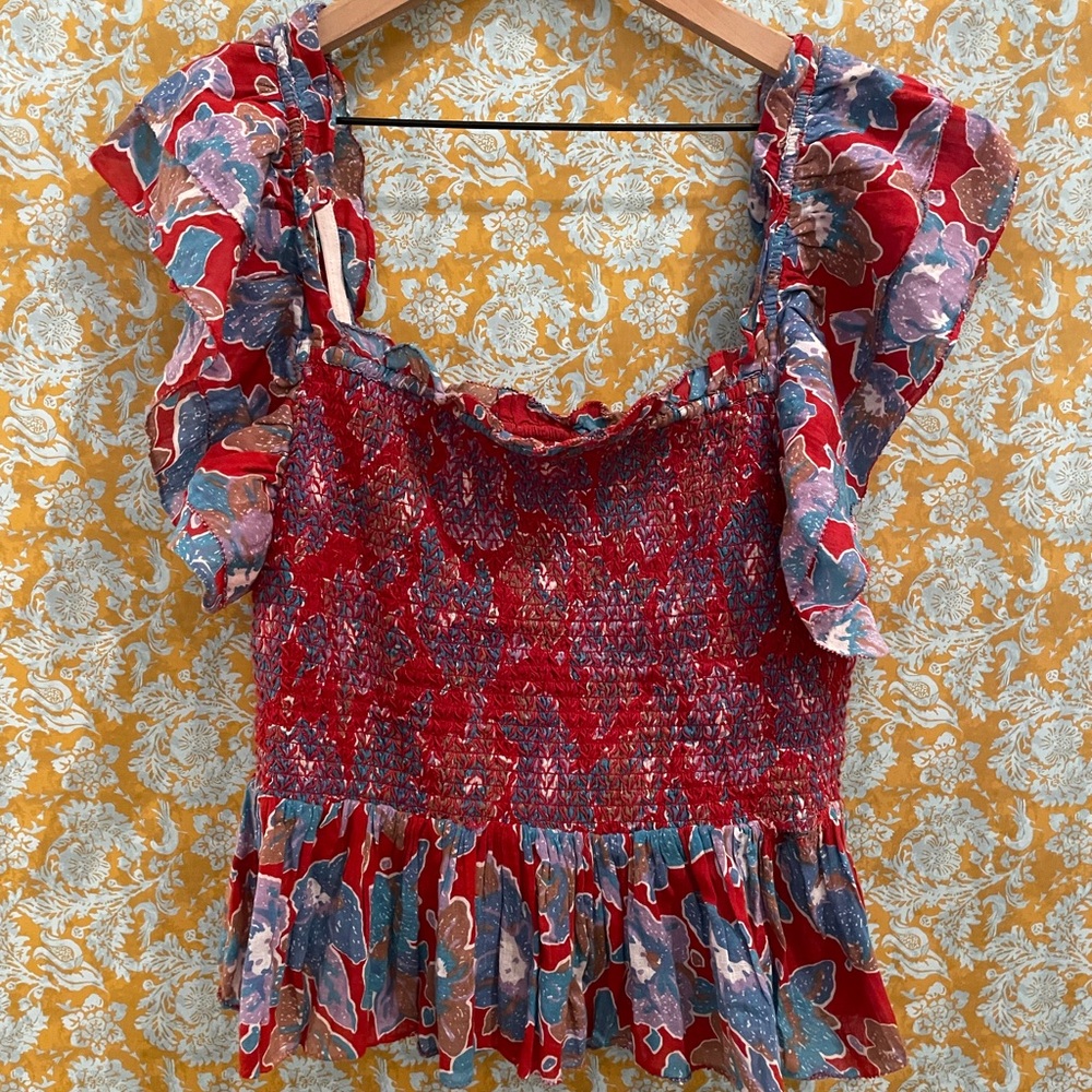 Anthropologie Love the Label Smocked Ruffle Cropped Top - Picture 2 of 7
